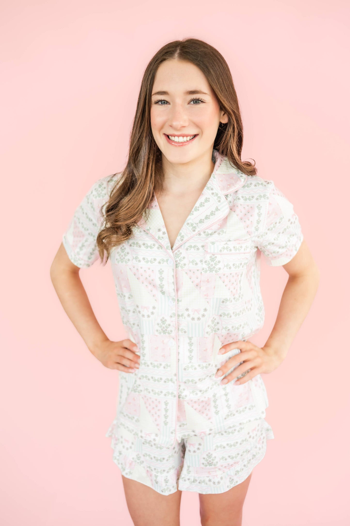 Patchwork Ruffle Hem Shorts Pajama Set